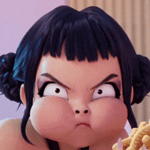 a close up of a cartoon character making an angry face while eating french fries