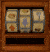 a slot machine is spinning in a wooden box with a few icons on it .
