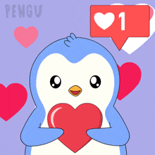 a penguin is holding a red heart with a speech bubble that says 520