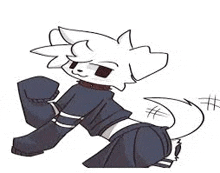 a drawing of a white furry character wearing a black shirt and black socks .