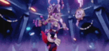 a blurry picture of a cartoon character in a room with purple lights .