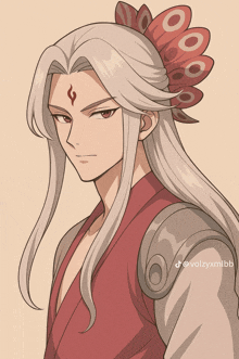 a drawing of a man with long white hair and a flame on his forehead