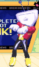 a cartoon character is standing in front of a screen that says " breaking news "
