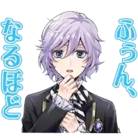 a boy with purple hair is wearing a black and white striped suit and tie