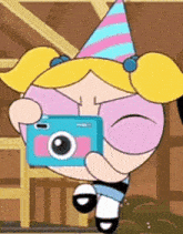 a cartoon character is taking a picture with a camera .
