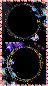 a black background with pink hearts and butterflies in circles