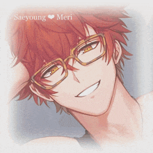 a man with glasses and headphones is sitting in a red car with the words saeyoung meri behind him