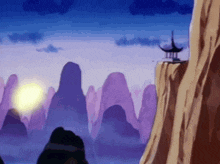 a cartoon landscape with mountains and a pagoda in the foreground