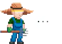 a pixel art of a farmer wearing a hat and overalls holding a pitchfork .