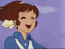 a cartoon girl with brown hair is smiling and wearing a blue shirt and white vest