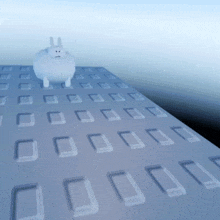 a white rabbit is standing on top of a gray surface