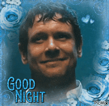 a picture of a man with the words " good night " written on it