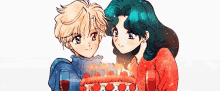 a couple of anime characters standing next to a cake
