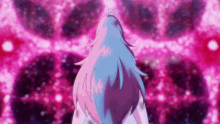 a girl with long blue and pink hair stands in front of a pink background