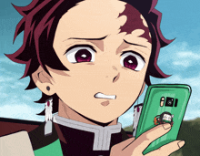 a cartoon character is holding a cell phone with a sticker on it