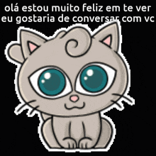 a cartoon cat with big blue eyes and the words " olá estou muito feliz em te ver eu gostaria de conversar "