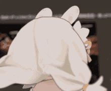 a cartoon character is giving a thumbs up and covering her face with a white cloth