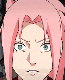 a girl with pink hair and green eyes has a surprised expression on her face