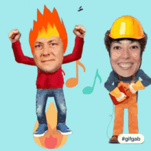 a cartoon of a man and a woman with their faces on a blue background .