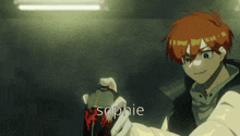 a boy with red hair is holding a bomb and the name sophie is on the bottom right