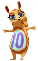 a cartoon character with a purple number 10 on her belly