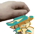a cartoon character wearing a blue hat and sunglasses is being propped up by a hand .
