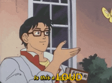 a man with glasses is holding a book and says is this a liked d