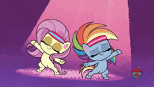 a cartoon drawing of two ponies dancing with a house in the background