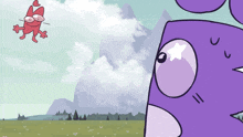 a cartoon drawing of a purple monster looking at a red monster flying in the sky