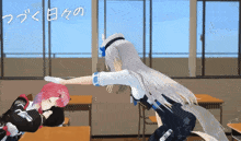 a cartoon of a girl pointing at another girl in a classroom with japanese writing