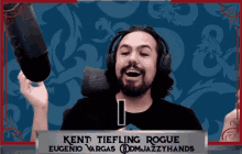 a man singing into a microphone with kent tiefling rogue eugenio vargas