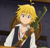 a yellow haired anime character with a sword on his back