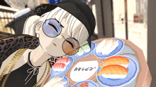 a cartoon drawing of a girl laying on a table with sushi