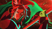 a drawing of a person with red hair and green eyes