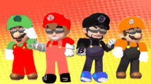 four mario characters are standing next to each other with the letter b on their hats