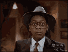 a close up of a man wearing glasses and a hat .