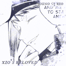 a black and white drawing of a man with the words ' xio 's beloved ' on the bottom