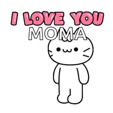 a white cat is holding a bunch of pink hearts and saying `` i love you moma '' .