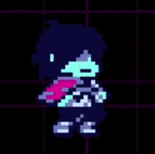 a pixel art of a person walking in a dark room with a purple background .