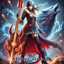 a woman holding a guitar in front of a wolf and the words museumbola
