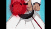a man in a white shirt is holding a sword and a red circle is coming out of his chest .