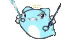 a blue cartoon cat with a halo on its head