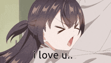 a girl with her eyes closed and the words i love u.
