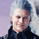 a close up of a man 's face with blue hair and a smile .