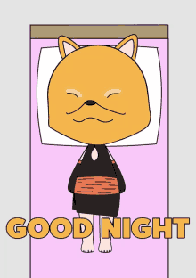 a cartoon of a cat laying on a bed with the words good night above it