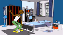 a cartoon of a man in a bedroom with a soccer ball