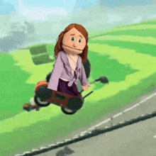 a cartoon doll is riding a scooter on a road