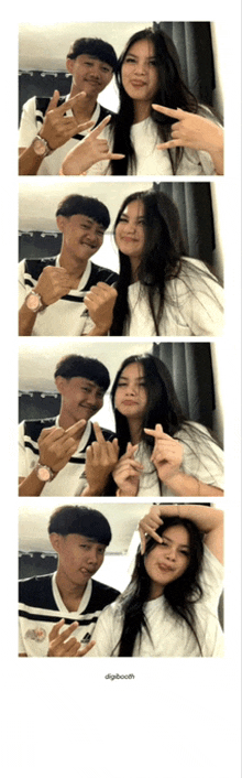 a man and a woman are posing for a picture with their fingers in the shape of a heart