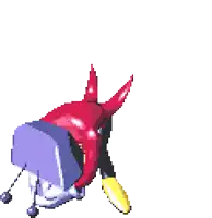 a pixel art drawing of a cartoon character with a tv on his head