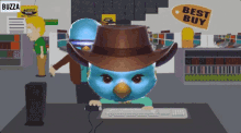 a blue bird wearing a cowboy hat is sitting at a desk with a best buy sign behind him